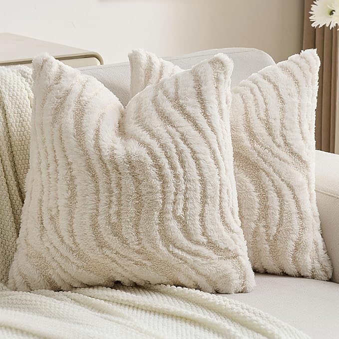 FUTEI Cream Decorative Throw Pillow Covers 16x16 Inch Set of 2,Soft Faux Fur Geometric Shapes Texture Cushion Case,Boho Home Decor for Couch Bed Living Room