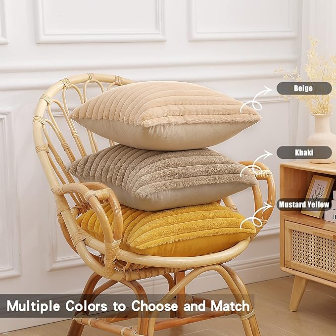 Pallene Faux Fur Plush Throw Pillow Covers 16x16 Set of 2, Luxury Soft Fluffy Striped Decorative Pillow Covers for Sofa, Couch, Living Room, Mustard Yellow