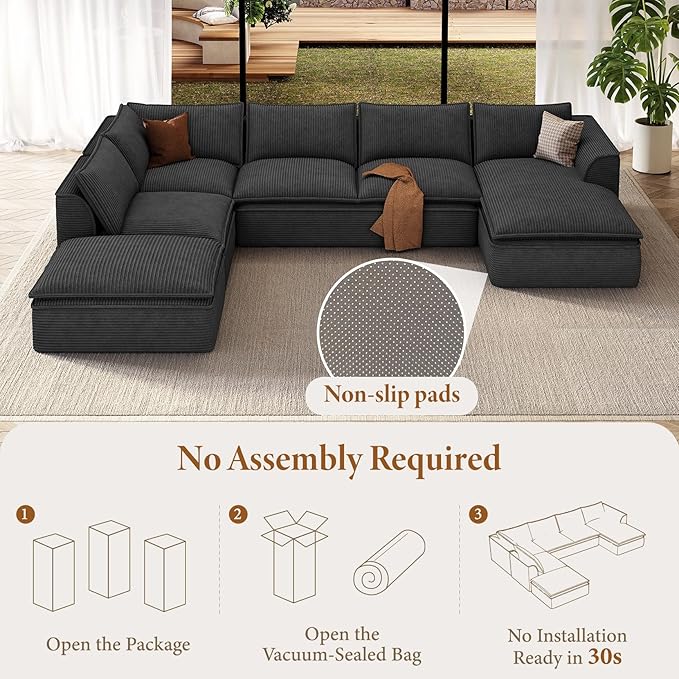 Vesgantti 141.7" U Shaped Boneless Sectional Couch, Modern 6 Seater Modular Sofa with Chaise & Ottoman, Deep Seat Convertible Corduroy Cloud Couches for Living Room, No Assembly Required, Black