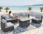 NICESOUL High-End Outdoor Patio Furniture Set with Natural Gas/Propane Firepits, 7 Piece Large Wicker Sectional Couches with Fire Table, 29.3'' High Back Deep Seating Comfy Conversation Sofas, Gray