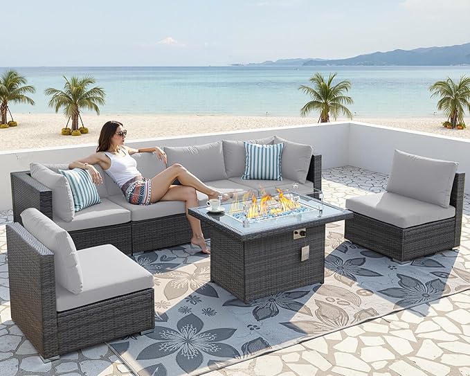 NICESOUL High-End Outdoor Patio Furniture Set with Natural Gas/Propane Firepits, 7 Piece Large Wicker Sectional Couches with Fire Table, 29.3'' High Back Deep Seating Comfy Conversation Sofas, Gray