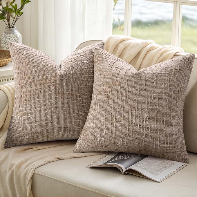 decorUhome Oatmeal Chenille Throw Pillow Covers 24x24 Set of 2 Thick Textured Slubby Couch Pillow Covers Farmhouse Accent Modern Neutral Decorative Pillow Cases for Bed Sofa Living Room