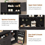 ONBRILL 71" Pantry Cabinet, Kitchen Pantry Storage Cabinet with LED Light & Outlet, Kitchen Hutch with Microwave Shelf & 6 Hooks, Door Shelf & Drawer & Adjustable Shelf, for Dining Room, Black