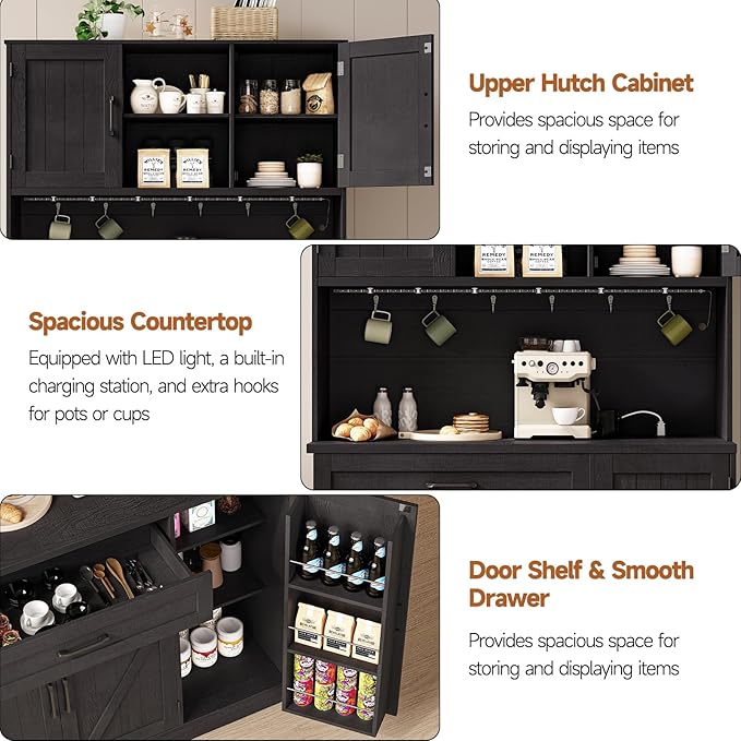 ONBRILL 71" Pantry Cabinet, Kitchen Pantry Storage Cabinet with LED Light & Outlet, Kitchen Hutch with Microwave Shelf & 6 Hooks, Door Shelf & Drawer & Adjustable Shelf, for Dining Room, Black
