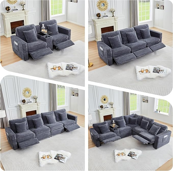 Power Reclining Sectional Sofa, Electric 3 Seat Recliner with 1 Electric Footrest and Adjustable Headrest, Modern Plush Corduroy Fluffy Reclining Sectional with Deep Seat for Living Room-Blue Grey