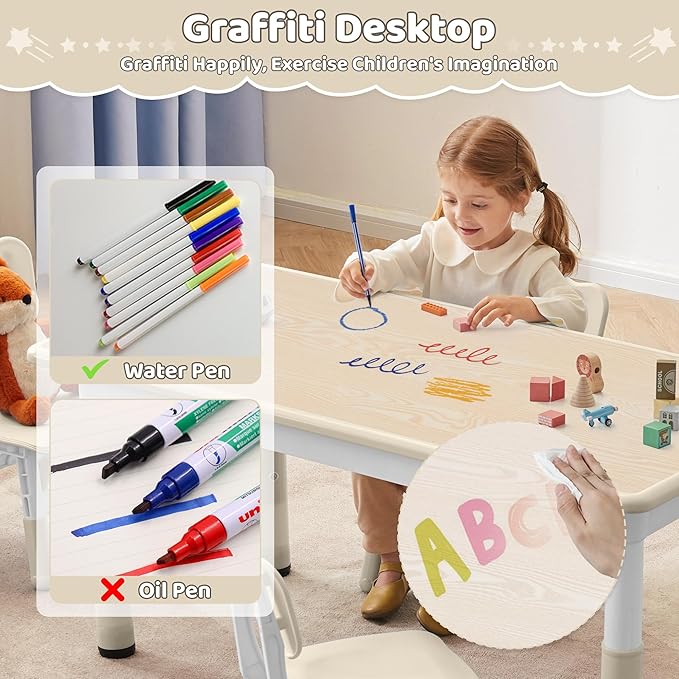 Toddler Table, 7 Level Height Adjustable Kids Play Furniture for Ages 3-8, Rectangular Plastic, 23.6" W x31.5 L, Multi-Activity Desk with Graffiti Desktop for Home & Daycare