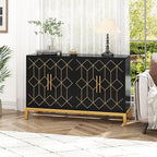 HLR Accent Cabinet with 4 Doors&Shelves, Sideboard Buffet Cabinet with Gold Trim, Modern Black Storage for Living Room, Entryway, Kitchen, Dining Room, Hallway