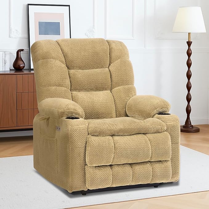 EONIX Wide Power Lift Recliner Chair for Elderly, 400lbs Heavy Duty Oversized Lift Chair with Heat and Massage, Lay Flat Power Lift Recliner with Cup Holders and Charging Ports, Beige