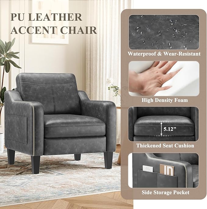 PU Leather Accent Chair, Mid-Century Modern Living Room Armchair Sofa with Removable Cushions, Solid Wood Frame & Stitched Armrest Design, Bedroom Chair with Plastic Legs, Black