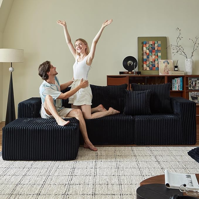 102" Cloud Couch for Living Room,Boneless Couch with Oversized Chaise,Deep Seat Sofa with 5-Pillows for Bedroom,Corduroy Sofa in A Box,Black
