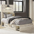 Signature Design by Ashley Cambeck Farmhouse Twin Panel Platform Bed with 2 Storage Drawers, Cubbies, Sconce Light and USB Ports, Foundation or Box Spring Not Needed, Whitewash