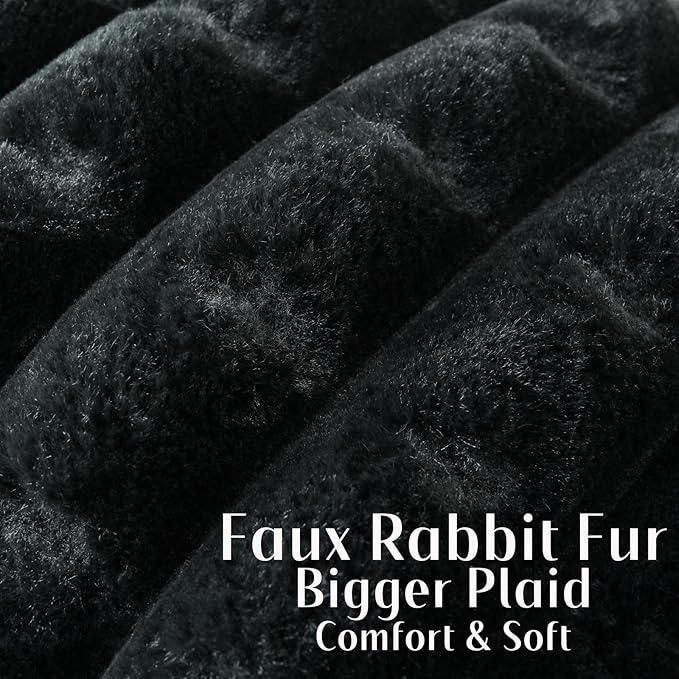 FUTEI Black Decorative Throw Pillow Covers 18x18 Inch Set of 2, Square Soft Faux Rabbit Fur Thick Plaid Cushion Cover,Winter Home Decor for Couch Bed Living Room
