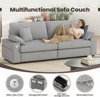 89" Loveseat Sofa, Cloud Foam Couch, 3 Seater Upholstered Midcentury Mondern Love Seat with USB Type C Ports, 4 Pillows and Flip-Open Storage Armrest for Living Room/Small Spaces, Gray