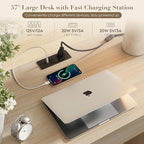 Yechen Executive Desk with 5 Drawers, 57" Modern Rattan Home Office Desk with Charging Station, File Drawer, Farmhouse Boho Computer Writing Desk for Study, Work, White