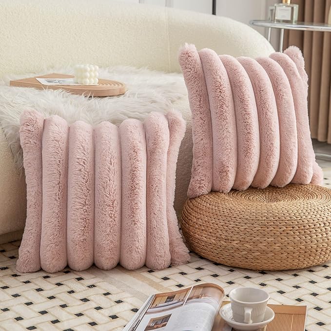 Neelvin Pink Faux Fur Cozy Soft Striped Decorative Throw Pillow Covers 26x26 inch Set of 2,Velvet Pillowcase Cushion Case for Sofa Couch