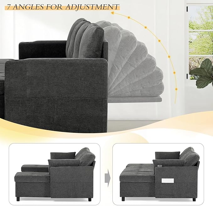 110" Fabric Pull-Out Couch Bed w/Adjustable Backrests, Sectional Sleeper Sofa w/USB Ports & 2 Cup Holders, Upholstered U-Shaped Couch w/Storage Chaise for Living Room, House, Grey
