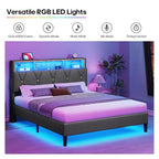 Queen Bed Frame with Storage Headboard and RGB LED Lights, Modern Upholstered Platform Bed Frame Queen Size with Charging Station, Stable Easy Assembly,Dark Grey