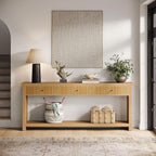 Tribesigns 70.9 inch Extra Long Entryway Table with 3 Drawers, Sofa Console Table with Open Storage Shelves, Oak Color Furniture, Wooden Couch Foyer Tables for Living Room Hallway Entrance