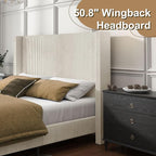 HOWE King Size Upholstered Platform Bed Frame, Wingback Bed with 50.8" Headboard, Corduroy/Solid Wood Leg/No Box Spring Needed/Noise Free/Cream