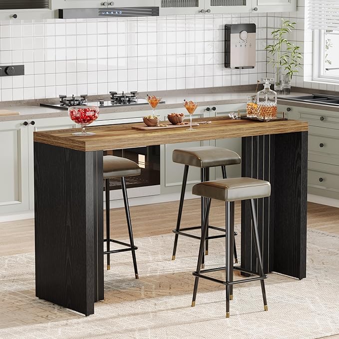 Tribesigns Home Bar Unit, 55.12-Inch Bar Table with a Spacious Tabletop, Modern Freestanding Mini Bar for Home Kitchen, Living Room, Balcony, Basement, Brown & Black (Set of 2)