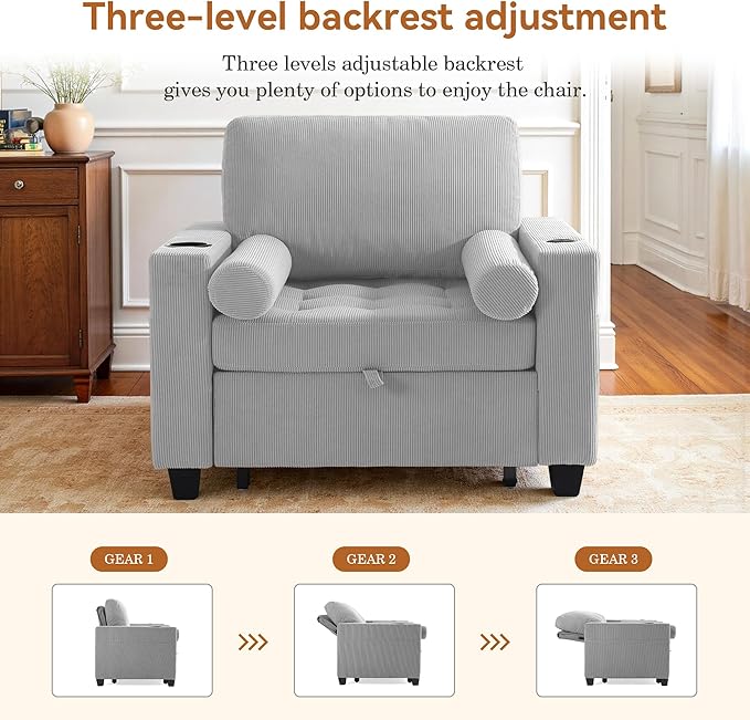 Convertible Sleeper Chair Bed, Comfy Corduroy Single Futon Sofa Chair with Pull Out Bed, 3-Levels Adjustable Backrest Accent Chair with Side Pockets, Cup Holder & USB Ports for Living Room, Bedroom