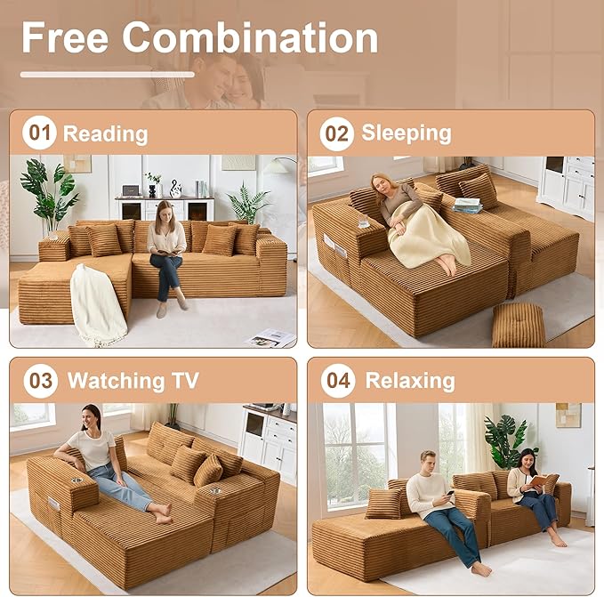 Modular Sectional Sofa, L Shaped Comfy Cloud Couch with Deep Seat, Boneless Couch for Living Room, Modern Sectional Sleeper with Chaise, No Assembly Required, Sofa in A Box, Brown Corduroy