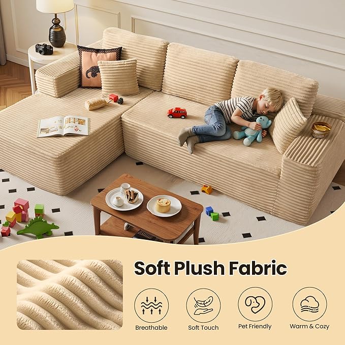 104" Cloud Sectional Couch with Chaise, Boneless L-Shaped Cloud Couch with Deep Seat, Soft Plush Modern Minimalist Sofa, Assembly Free Comfy Sofa for Office Living Room Apartment(Beige, Left Chaise)