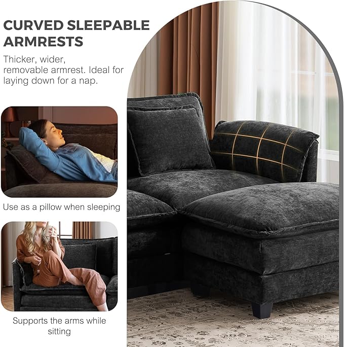 ELUCHANG 150" Modular Sectional Sofa, Comfy Deep Seat Cloud Couch, 6 Seater U Shaped Modern Sofa with Removable Cover for Living Room, Apartment, DIY Combination, Chenille Black