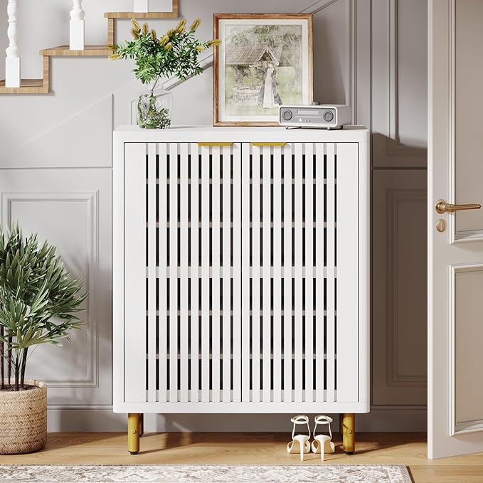 Tribesigns 6-Tier Farmhouse Shoe Cabinet with Shutter Doors, Wooden Shoe Organizer Rack with Adjustable Shelves, Modern Large Hidden Storage Furniture for Entryway, Hallway (White&Gold)