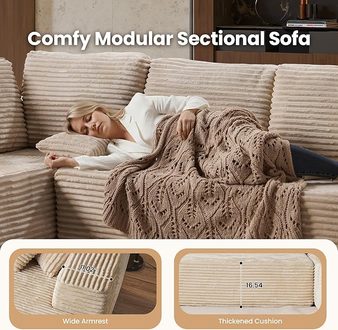 Cloud Sectional Couch with Chaise, Boneless U-Shaped Cloud Couch with Deep Seat, Soft Plush Modern Minimalist Sofa, Assembly Free Modular Floor Sofa for Office Living Room Apartment, Beige