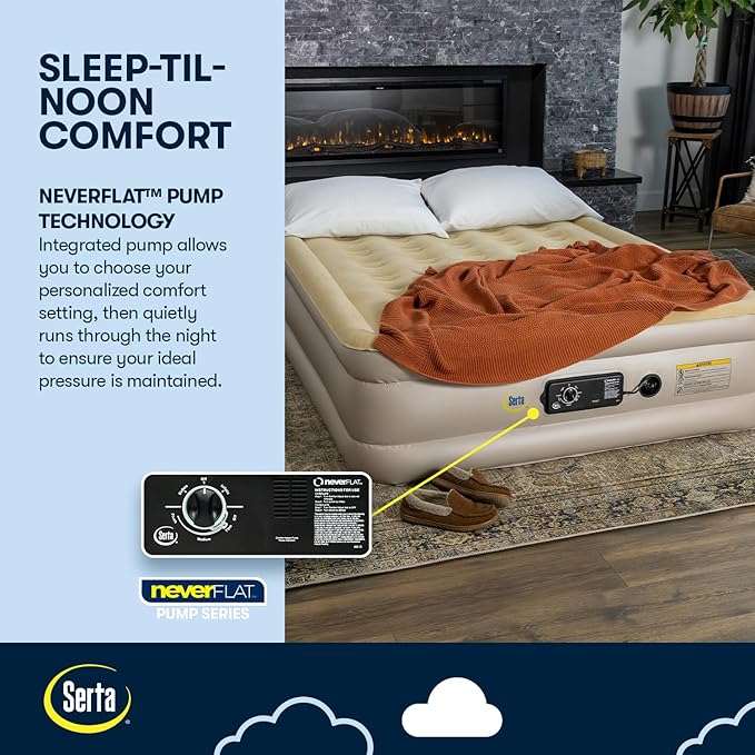Serta Raised Air Mattress with Never Flat Pump | Luxury Inflatable Mattress with Built in Air Pump to Ensure a Good Night’s Rest | Heavy Duty Blow Up Mattress with Self Inflating Pump