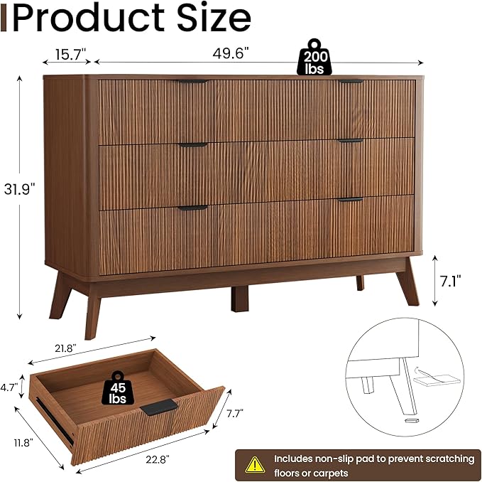 Fluted Dresser for Bedroom,49.6'' Modern Wooden Walnut Dresser with 6 Drawers, Bedroom Dressers, Natural Wood Chest of Drawers for Living Room, Hallway (Walnut)