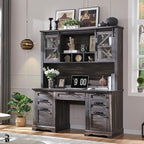 RedLemon 60" Farmhouse Desk with Hutch, Wood Home Office Executive Desk with Drawer, Charging Station, Keyboard Tray, File Drawer, Storage Cabinet, Rustic Writing Computer Desk (Dark Rustic Oak)