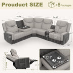 Home Theater Seating, Manual Recliner Sectional Sofa for Living Room, 5 Seater Reclining Sectional Couch with Flip-Up Backrest, Storage Console, USB Ports, Grey Linen & Chocolate Leather