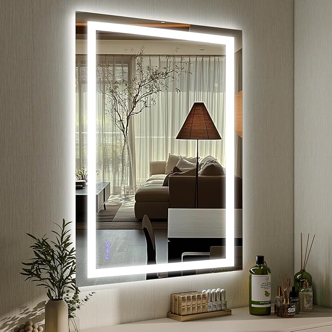 VooBang LED Wall Mounted Mirror with Lights, 40x30 inches Bathroom Mirror, Button to Adjust Lights, Three Lighting Modes, Tempered Glass with Anti-Fog Function, Suitable for Vanity and Bedroom, White