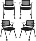 4 Pack Stackable Conference Room Chairs with Wheels and Paddle, Ergonomic Mesh Back and Arms for Meeting, Conference, Reception, Training Room & Home Office Desk Folding Chairs (2 Boxes)