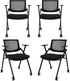 4 Pack Stackable Conference Room Chairs with Wheels and Paddle, Ergonomic Mesh Back and Arms for Meeting, Conference, Reception, Training Room & Home Office Desk Folding Chairs (2 Boxes)