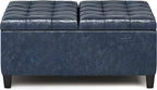 SIMPLIHOME Harrison 36 inch Wide Transitional Square Coffee Table Storage Ottoman in Denim Blue Vegan Faux Leather, Assembled, For the Living Room and Bedroom