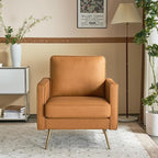 VINGLI Living Room Chairs Set of 2, Brown PU Leather Accent Chair Mid Century Modern Upholstered Sofa Chairs with Arms, Gold Legs for Living Room, Bedroom, Apartment