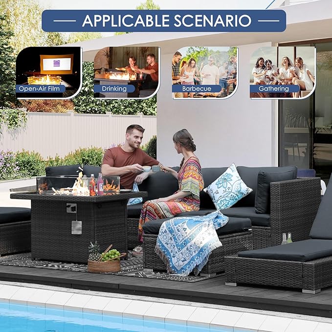 NICESOUL 7 Piece Outdoor Patio Sectional Furniture Set with Fire Pit Table Natural Gas/Propane, 29.3'' High Back Extra Large Size PE Rattan Sofa Conversation for Outside, Wide Deep Seat Couches, Gray