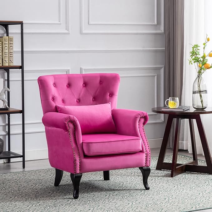 Accent Reading Arm Chairs Set of 2 for Living Room Bedroom, Midcentury Modern Comfy Corner Sofa Chair, Wingback Waiting Room Club Chair with Button Tufted Back &Lumbar Pillow, Velvet Rose