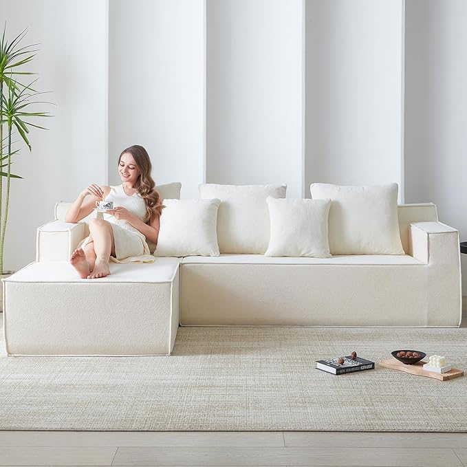 101" L-Shaped Couch for Living Room,Modular Sectional Cloud Couch,Boneless Sofa in A Box,Upholstered Couches for Bedroom,White Sofa with Oversized Chaise