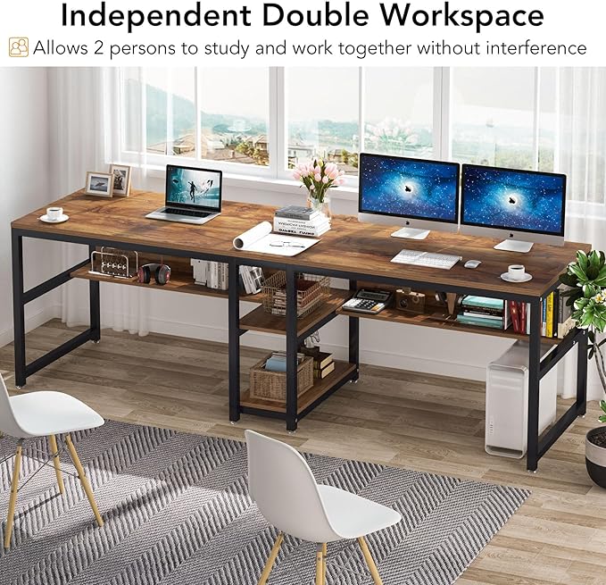 Tribesigns Two Person Desk with Bookshelf, 78.7 Computer Office Double Desk for Two Person, Rustic Writing Desk Workstation with Shelf for Home Office (Brown)