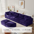 138" Boneless Cloud Couch Modular Sectional Sofa with Deep Seat for Living Room, L Shape Couch with Ottoman, Snowflake Cloth and 40D Memory Sponge，2 Throw Pillows (Purple, 4 Seater+2 Ottoman)