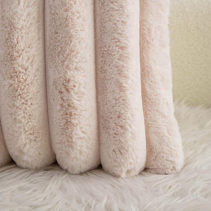 Neelvin Beige Faux Fur Cozy Soft Striped Decorative Throw Pillow Covers 18x18 inch Set of 2,Velvet Pillowcase Cushion Case for Sofa Couch