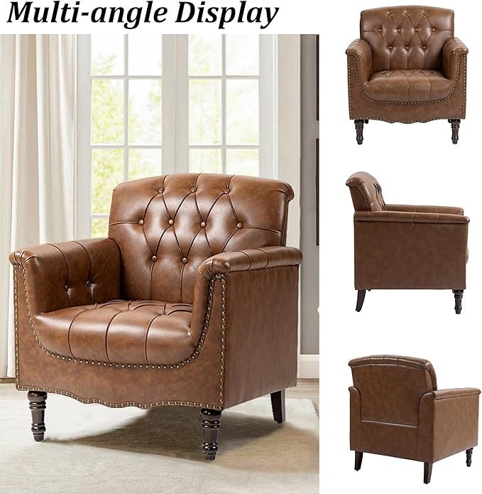 Faux Leather Accent Chair, PU Leather Modern Comfy Upholstered Armchair with Wood Legs & Nailhead Trim for Living Room, Bedroom (Brown,Set of 2)