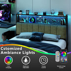 VINGLI Full Size Headboard Only, Adjustable Upholstered Headboard with 2 Tier Shelves and Pegboard with Charging Stations and LED Lights, Modern Bed Headboard with Storage for Bedroom Decor