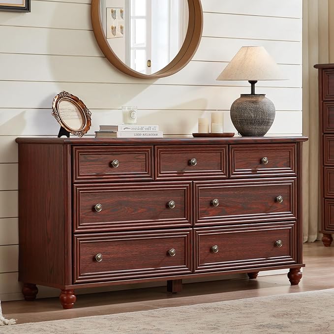 7 Drawers Dresser for Bedroom, Farmhouse 54" Wide Wood Dressers Chest of Drawers, Vintage Design TV Stand, Rustic Storage Dresser Organizer with Metal Handle Closet for Living Room, Hallway