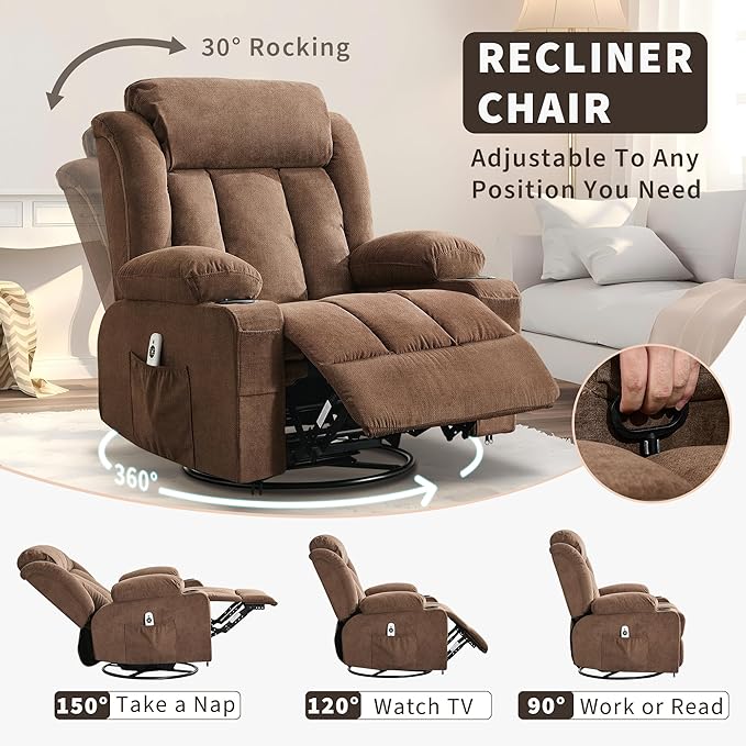 Rocking Recliner Chair with Heat and Massage, Nursery Recliner 360° Swivel Oversized Chairs for Adults, Lazy Boy Single Sofa Seat with 3 Positions, 2 Side Pockets, Cup Holders, and USB Ports, Brown