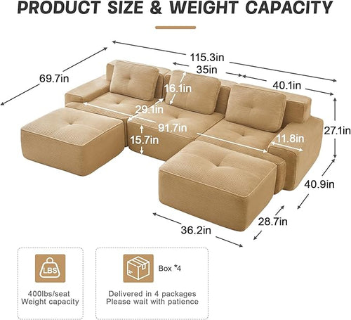 115.3” Camel Boneless Couches for Living Room, Modular Sectional Sofa with U-Shape Chaise, 3 Seater Comfy Upholstered Deep Seat Corduroy Fabric Cloud Couch No Assembly, Anti-Slip Design